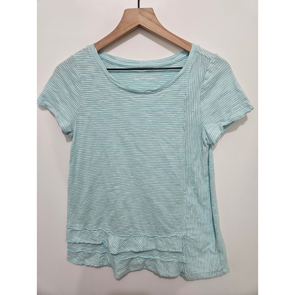 Soft Surroundings Womens XS Blue White Striped Cotton Ruffle Hem Tee 2FJ16